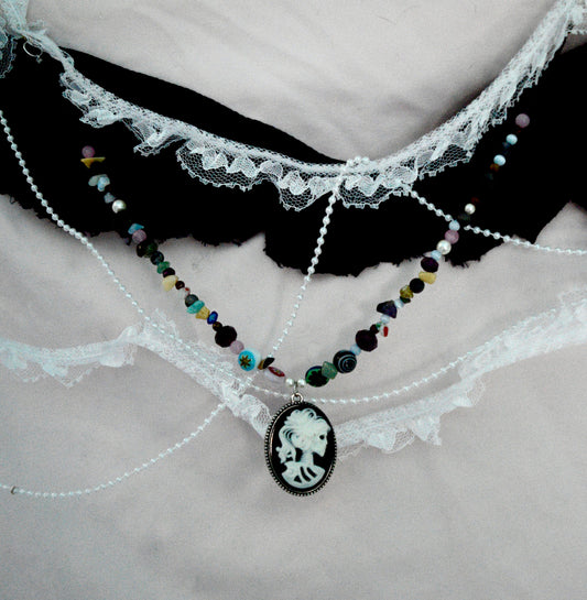 beaded skeleton cameo necklace
